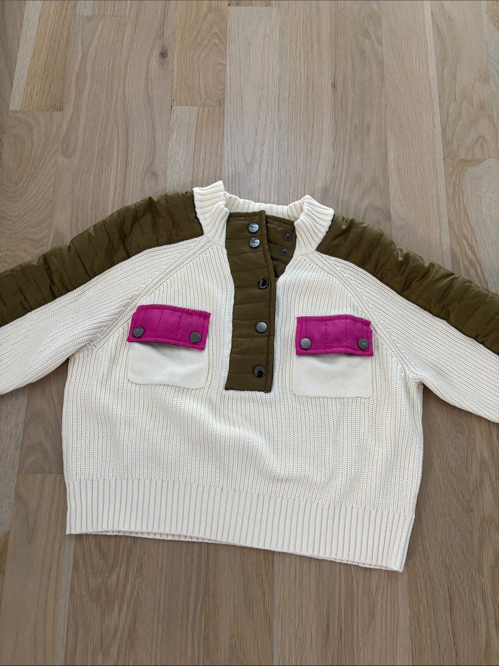 Womens Cream Knit Pullover with Olive Quilted Details and Pink Pocket Flaps